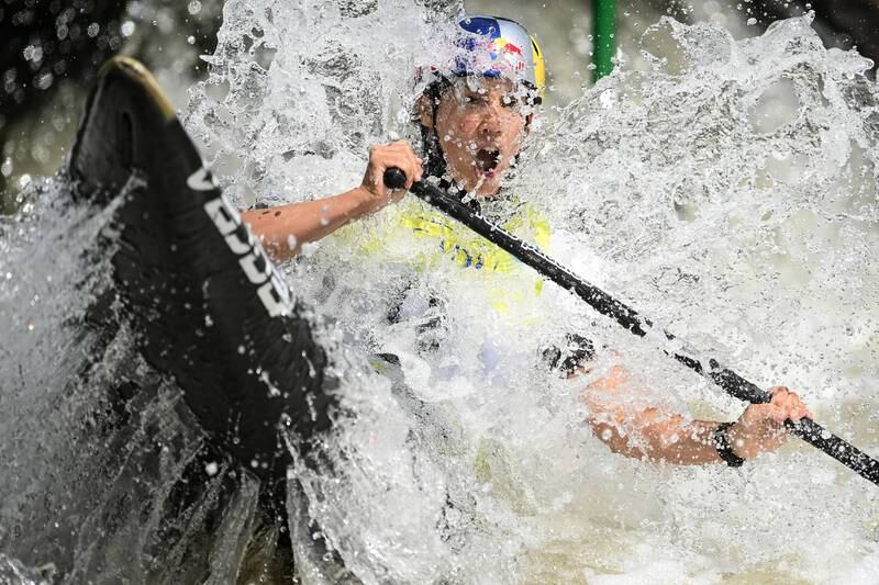 Austria's Viktoria Wolffhardt competes in the 2022 ICF Canoe Slalom World Cup Finals in La Seu d'Urgell, Spain. Getty