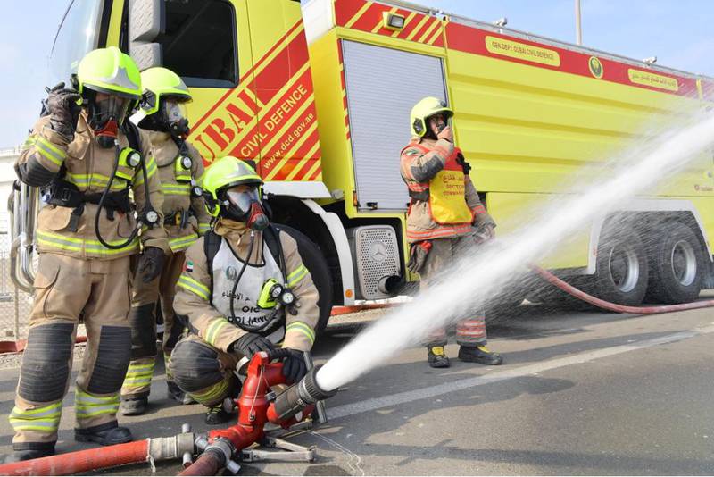 Dubai Civil Defence at work. Responders were called to a fire in Dubai on Wednesday evening. Photo: Dubai Civil Defence