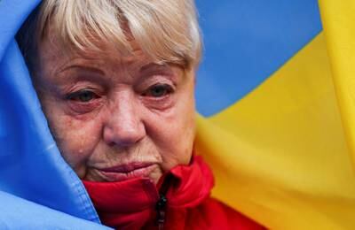 A participant at the pro-Ukrainian demonstration outside Downing Street in London. Reuters
