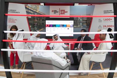 DUBAI, UNITED ARAB EMIRATES - OCTOBER 14, 2018. 

Dubai Internet City booth at Gitex Technology Week.

(Photo by Reem Mohammed/The National)

Reporter: 
Section:  NA