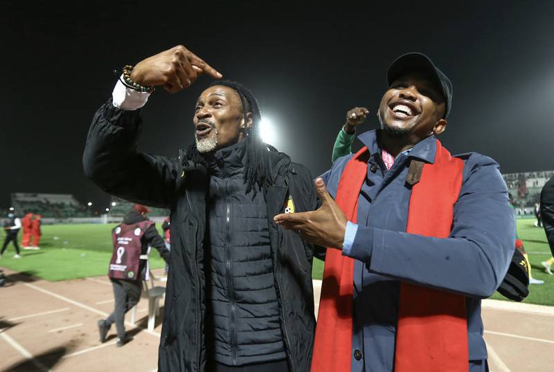 Cameroon Football Federation president Samuel Eto'o, right, with manager Rigobert Song. AP