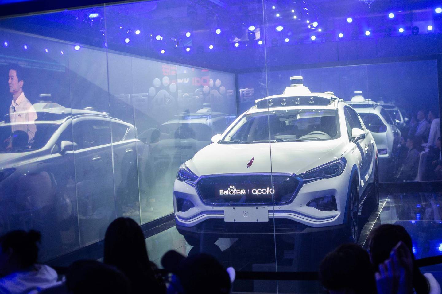 The Baidu Apollo car is displayed during the annual Baidu World Technology Conference in Beijing on November 1, 2018.  The car will utilise Baidu's autonomous driving technology. / AFP / Fred DUFOUR
