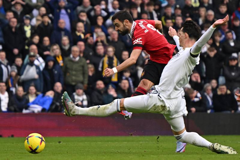 Manchester United's Bruno Fernandes shoots at goal. AFP