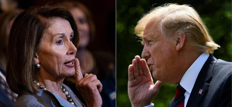 (COMBO) This combination of pictures created on May 22, 2019 shows US Speaker of the House Nancy Pelosi (D-CA)(L) talks about healthcare legislation on Capitol Hill March 26, 2019, in Washington, DC and US President Donald Trump announces a new immigration proposal, in the Rose Garden of the White House in Washington, DC, on May 16, 2019.
 Donald Trump erupted in fury May 22, 2019, at unrelenting probes into his links to Russia, as the top Democrat in Congress accused the president of a "cover-up" that could be an impeachable offense. Nancy Pelosi is the most powerful woman in American politics, and President Donald Trump's most potent Democratic nemesis. The pair have sparred repeatedly, but the gloves really came off May 22. Pelosi, the speaker of the US House of Representatives, started the day with an emergency meeting of House Democrats, as the possibility of impeaching Trump swirled over Capitol Hill.
 / AFP / Brendan Smialowski
