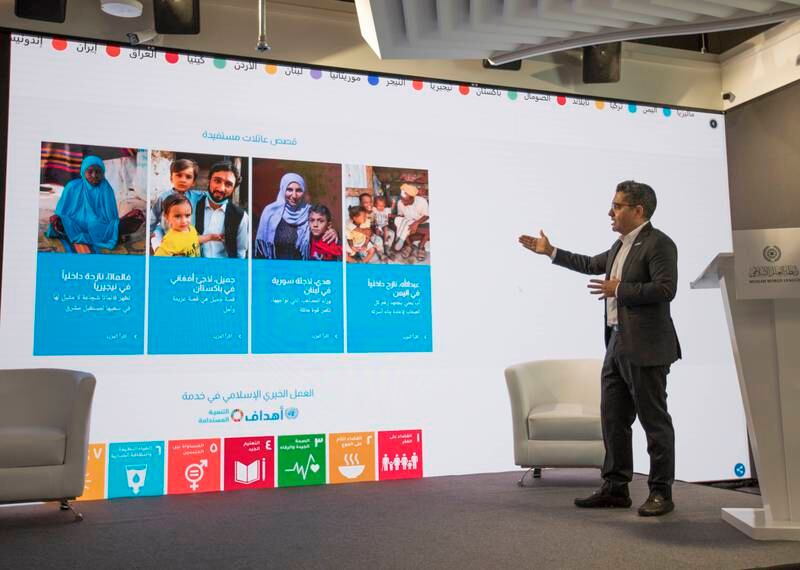 Houssam Chahin, head of private sector partnerships UNHCR Mena, doing a presentation at the launch of UNHCR's Islamic Philanthropy Mid-Year report at the Muslim World League Pavilion, Expo 2020 Dubai. All photos: Ruel Pableo for The National