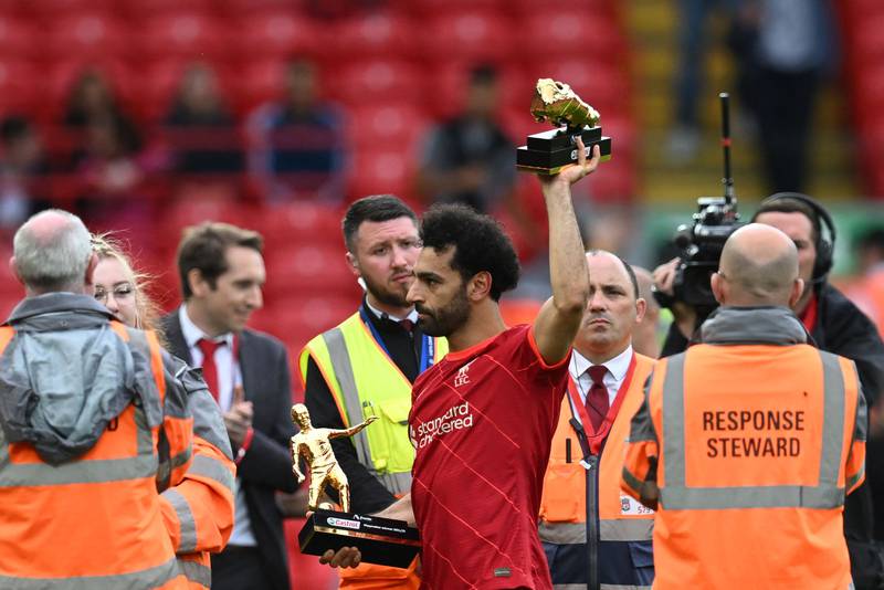 Mohamed Salah celebrates with the Golden Boot and Playmaker of the Year trophies. AFP