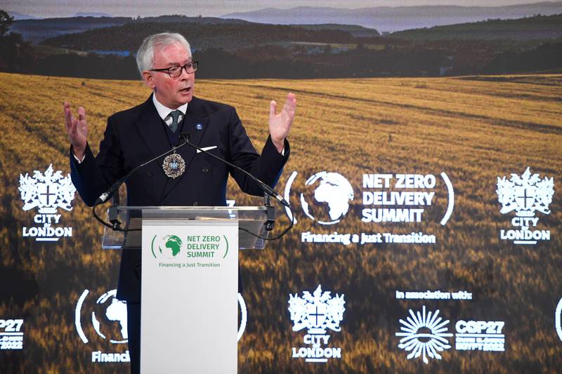 Nicholas Lyons, Lord Mayor of the City of London, at The Net Zero Delivery Summit in London on Wednesday. Bloomberg