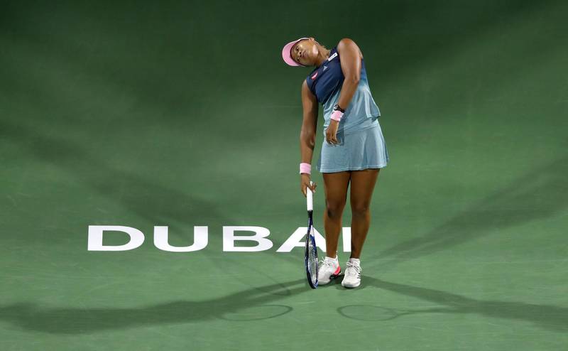 DUBAI, UNITED ARAB EMIRATES - FEBRUARY 19: Naomi Osaka of Japan reacts during day three of the WTA Dubai Duty Free Tennis  Championships at Dubai Tennis Stadium on February 19, 2019 in Dubai, United Arab Emirates. (Photo by Francois Nel/Getty Images)