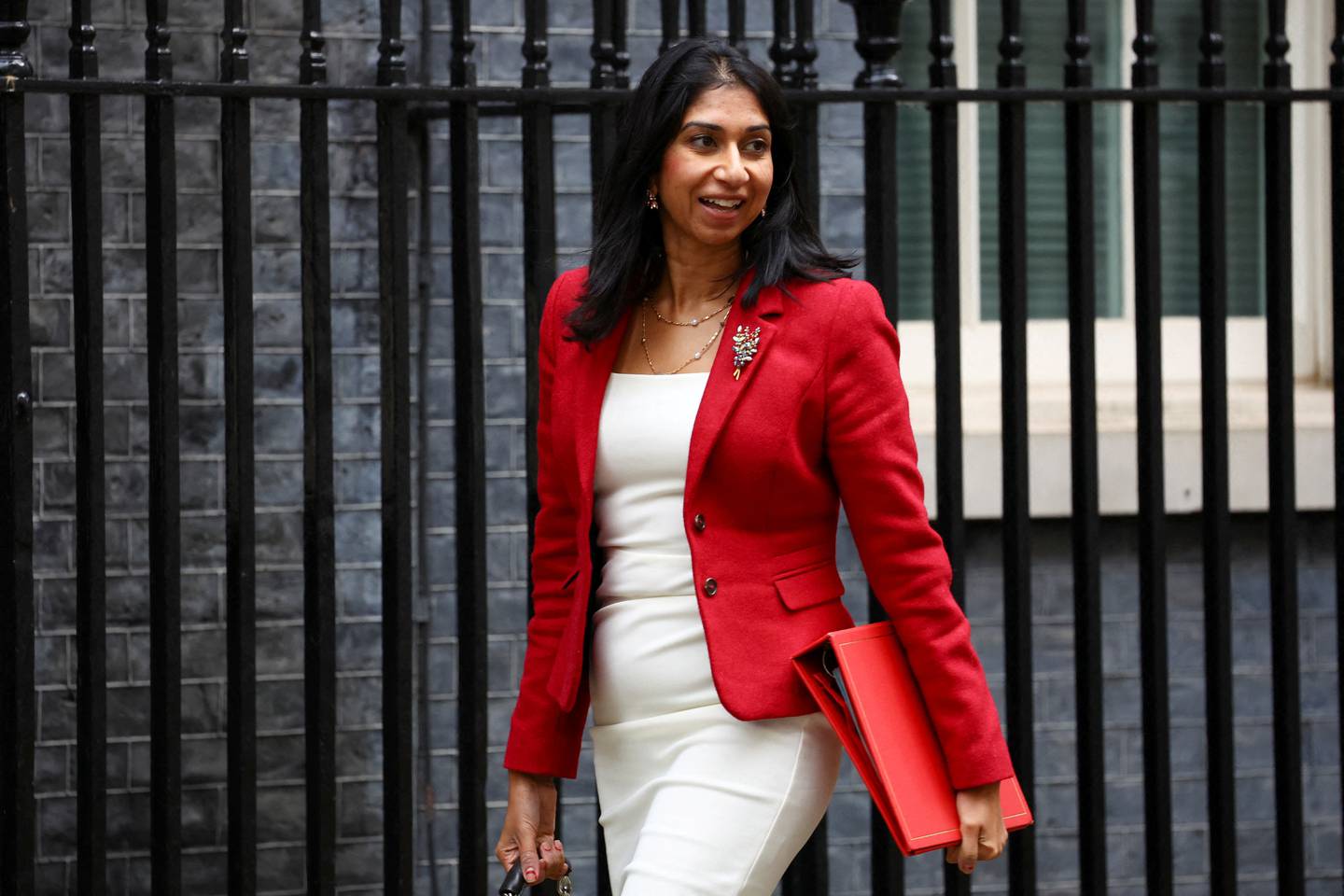British Home Secretary Suella Braverman walks outside Number 10. Reuters 