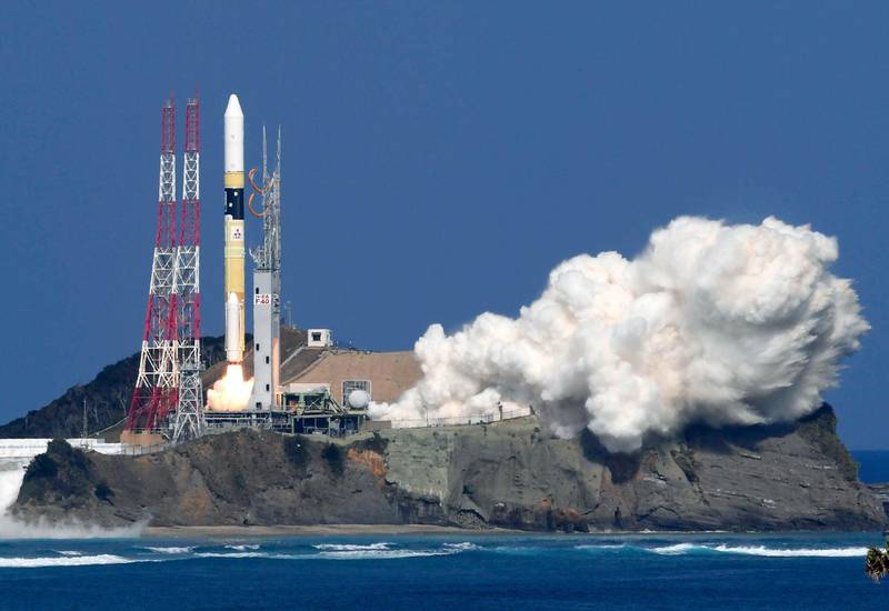 Japan's rocket H-2A is launched, carrying aboard a green gas observing satellite "Ibuki-2"  and KhalifaSat, a UAE satellite, Tanegashima, southern Japan, Monday, Oct. 29, 2018. The Japanese rocket carrying United Arab Emirates' first locally-made satellite has successfully lifted off from a space center in southern Japan. (Nozomi Endo/Kyodo News via AP)