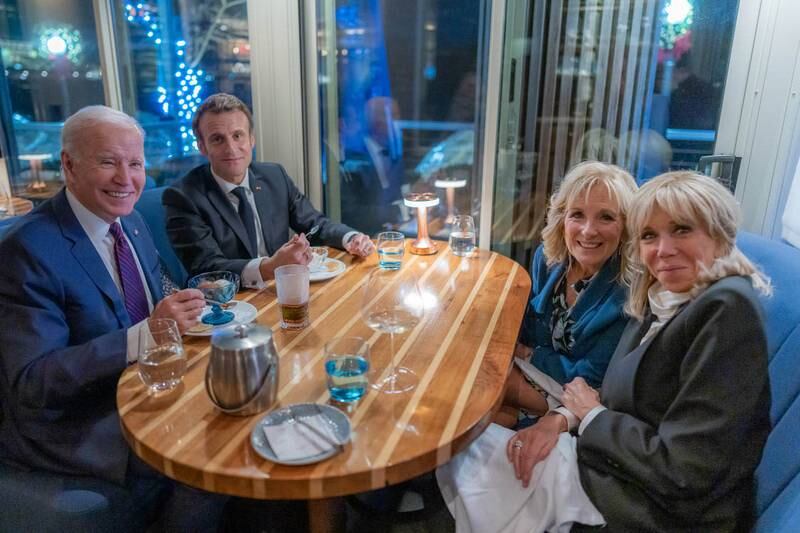 From left, US President Joe Biden, French President Emmanuel Macron, Jill Biden, the US first lady, and Brigitte Macron at a restaurant in Washington. Twitter