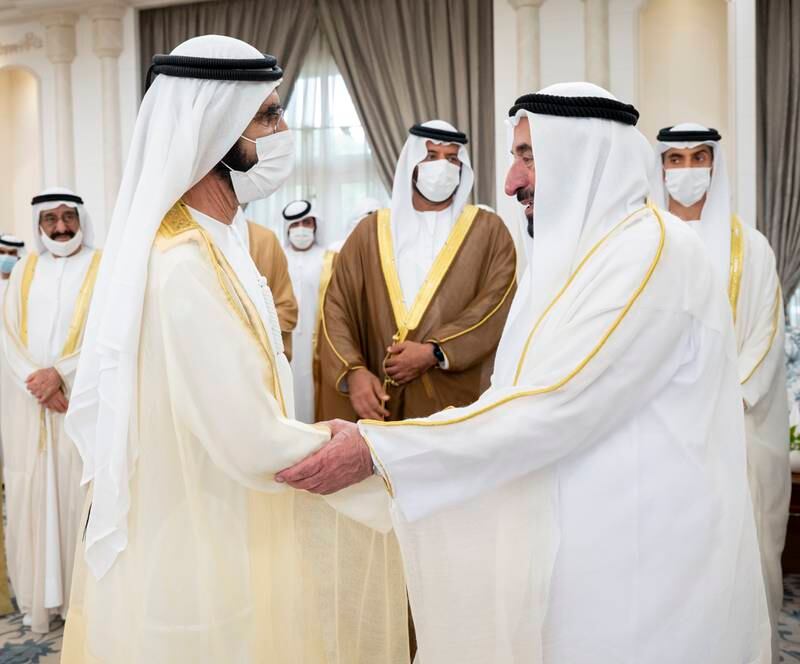 Sheikh Mohammed bin Rashid, Vice-President and Ruler of Dubai, meets Sheikh Dr Sultan bin Muhammad Al Qasimi, UAE Supreme Council Member and Ruler of Sharjah, during an Eid Al Adha reception at Mushrif Palace.


