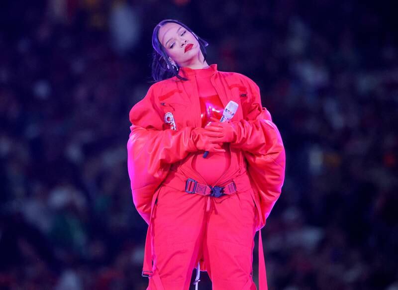 Rihanna wore a Loewe jumpsuit, moulded bustier and coat by Alaia, the label founded by the late Tunisian designer Azzedine Alaia. Reuters