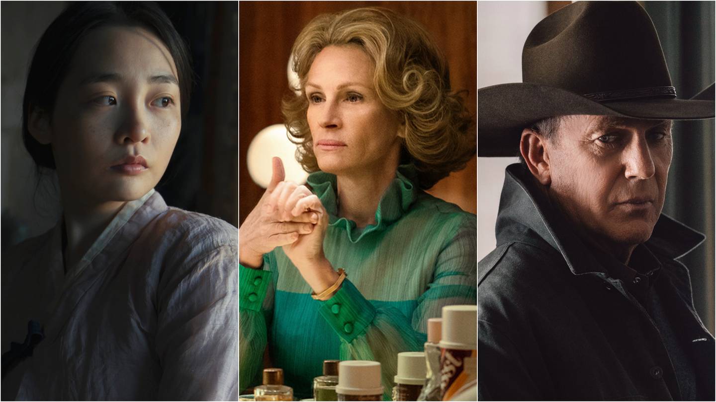 From left, Minha Kim in 'Pachinko', Julia Roberts in 'Gaslit' and Kevin Costner in 'Yellowstone'. Photo: Apple TV+, Starz and Paramount Pictures