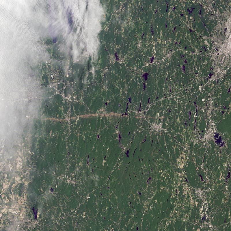 28.	Satellite image shows a powerful tornado (brown horizontal line in the middle of image) sweeping across Massachusetts on June 2011. It wreaked havoc for 63 kilometres, killing three people and destroying property. Photo: Nasa Earth Observatory