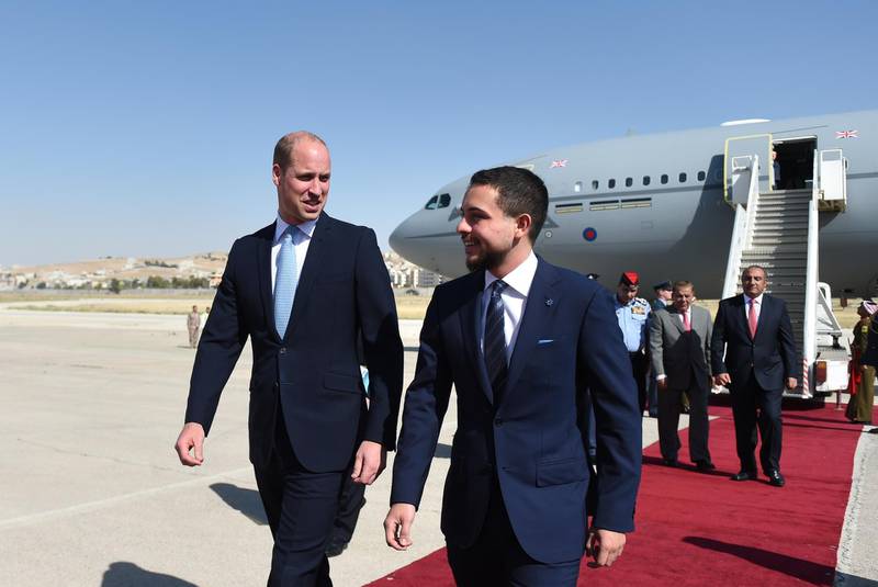Prince William, Duke of Cambridge is greeted by the Crown Prince Hussein of Jordan (R) after arriving at Marka Airport at the start of his Middle East tour on June 24, 2018 Amman, Jordan. Prince William's five-day tour of the region is his most high-profile foreign trip and the first official visit to Israel and the Occupied Palestinian Territories by a member of the monarchy on behalf of the Government. Getty Images