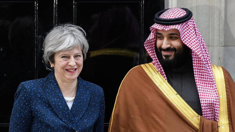 Saudi Crown Prince Mohammed bin Salman with British Prime Minister Theresa May on the steps of Number 10 Downing Street / Getty