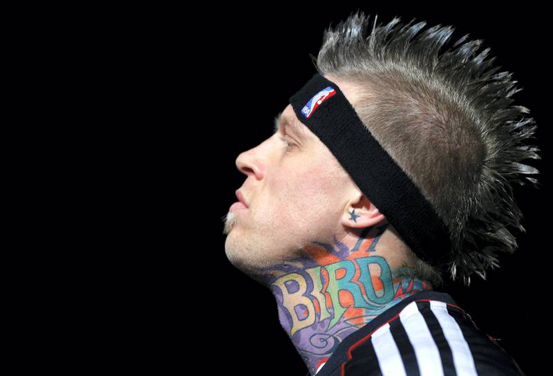 Miami Heat forward Chris Andersen stands on the court during player introductions before their NBA basketball game against the Boston Celtics in Boston, Massachusetts, March 18, 2013. REUTERS/Brian Snyder (UNITED STATES - Tags: SPORT BASKETBALL HEADSHOT)