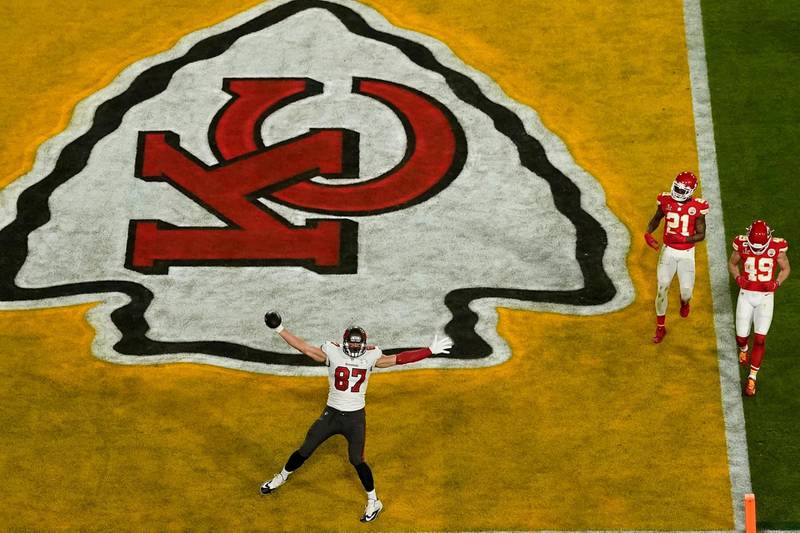 Tampa Bay Buccaneers' Rob Gronkowski (87) reacts after scoring a touchdown during the first half of the NFL Super Bowl 55 football game against the Kansas City Chiefs Sunday, Feb. 7, 2021, in Tampa, Fla. (AP Photo/Charlie Riedel)