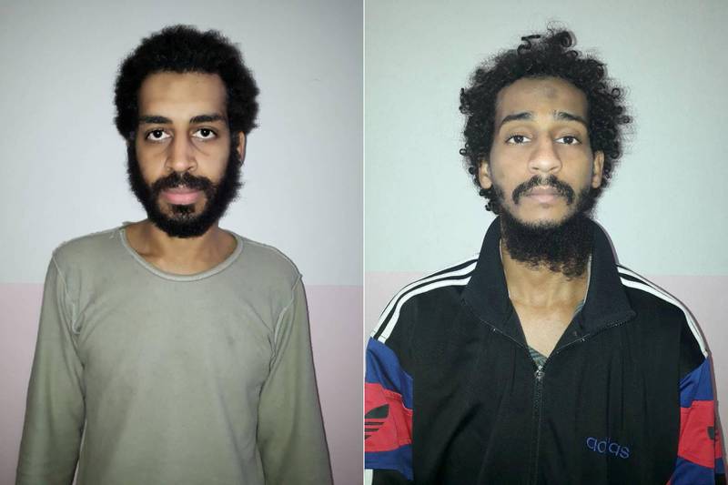 FILE PHOTO: A combination picture shows Alexanda Kotey and Shafee Elsheikh, who the Syrian Democratic Forces (SDF) claim are British nationals, in these undated handout pictures in Amouda, Syria released February 9, 2018. Syrian Democratic Forces/Handout via REUTERS  - ATTENTION EDITORS - THIS IMAGE HAS BEEN SUPPLIED BY A THIRD PARTY/File Photo