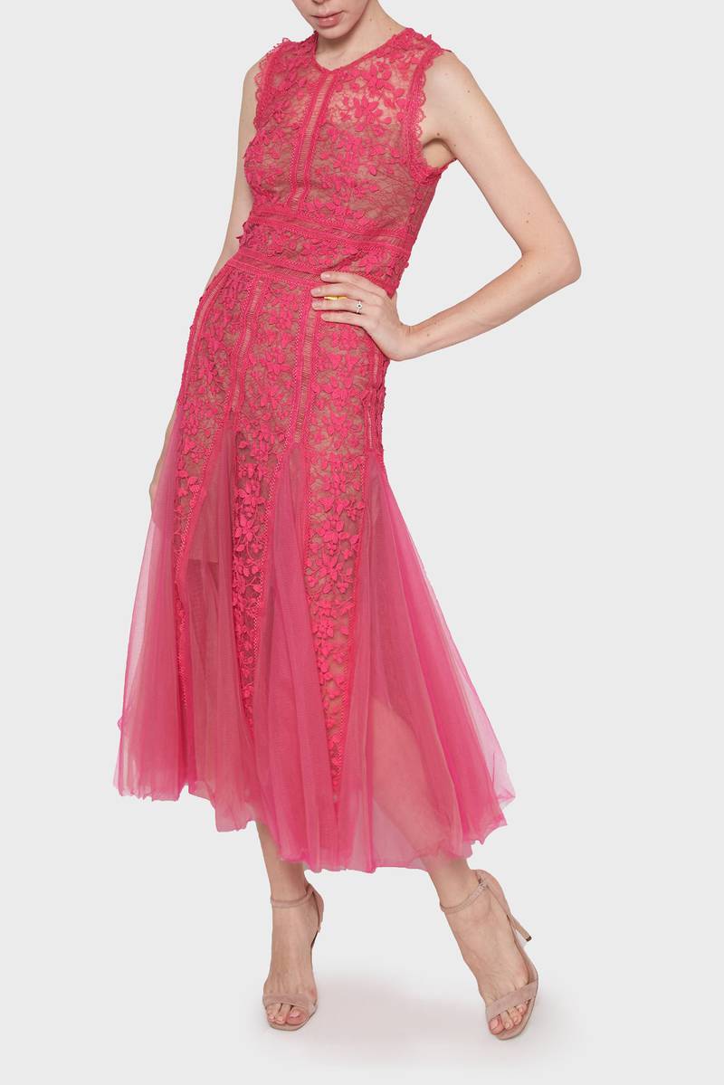 Pink lace midi dress, Dh3,000, Bronx and Banco,  bysymphony.com. Photo: bysymphony.com