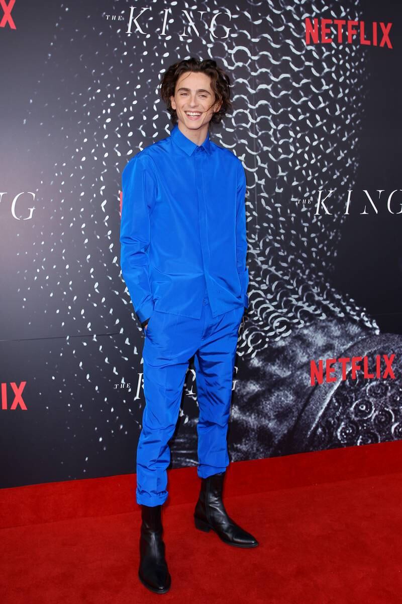 Timothee Chalamet sports blue Haider Ackermann for the October 2019 premiere of 'The King' at Ritz Cinema in Sydney. Getty Images