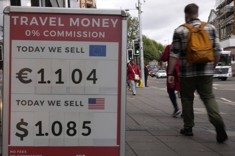 A currency exchange sign outside a shop in London. The British pound tumbled to a record low against the US dollar last week. AP