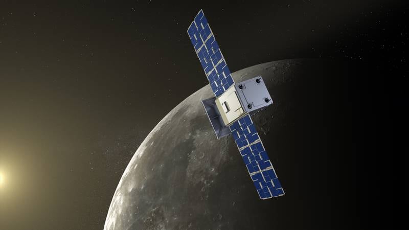A rendering of the Capstone CubeSat in the Moon's orbit.