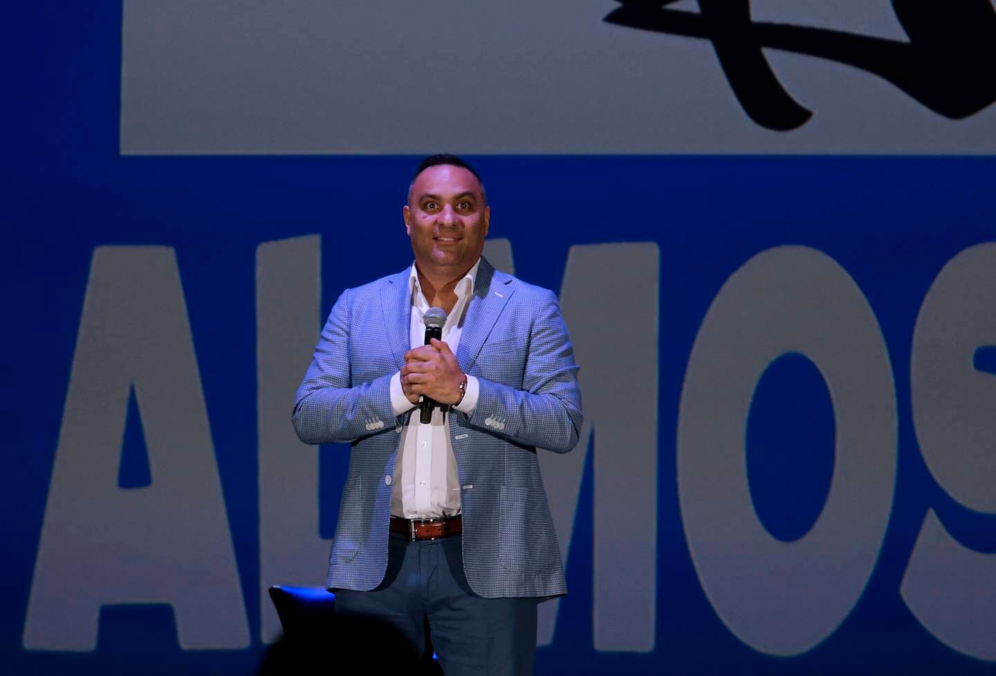 Dubai, United Arab Emirates - January 19, 2016.  Russell Peters ( Stage Comedian )  performs at a jampacked crowd in Sheikh Rashid hall of the Dubai International Exhibition Centre.  ( Jeffrey E Biteng / The National )  Editor's Note; ID 82338 *** Local Caption ***  JB190116-Peters04.jpg