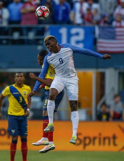 Gyasi Zardes #9 of the United States heads the ball against Carlos Gruezo #18 of Ecuador during the 2016 Quarterfinal - Copa America Centenario match at CenturyLink Field on June 16, 2016 in Seattle, Washington. The United States beat Ecuador 2-1. Otto Greule Jr/Getty Images