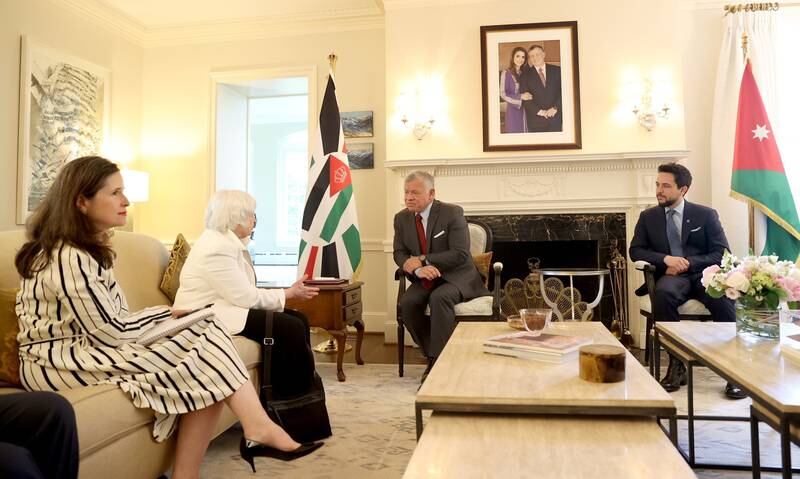 King Abdullah II and Crown Prince Al Hussein meet with US Treasury Secretary Janet Yellen.