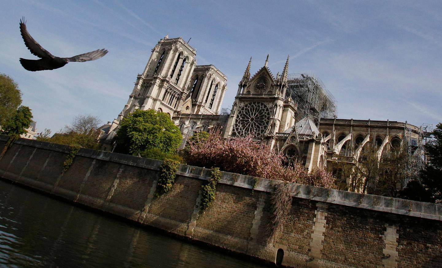 A bird flies past the Notre Dame Cathedral in Paris, Thursday, April 18, 2019. Nearly $1 billion has already poured in from ordinary worshippers and high-powered magnates around the world to restore Notre Dame Cathedral in Paris after a massive fire. (AP Photo/Christophe Ena)