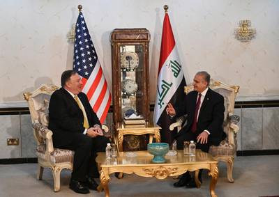Mr Pompeo meets with Iraqi foreign minister Mohammed Ali Al Hakim. Reuters