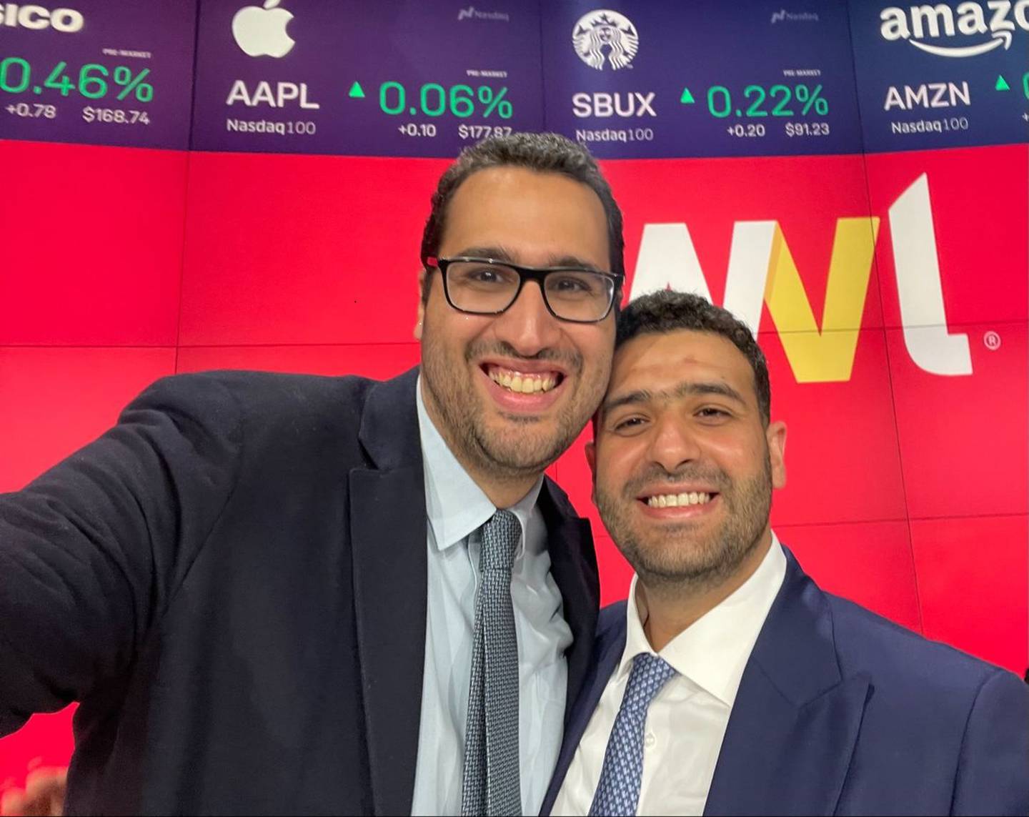 Youssef Salem and Mostafa Kandil, the chief financial officer and chief executive, respectively, of Swvl, during the company's debut on the Nasdaq in New York on March 31. Photo: Swvl