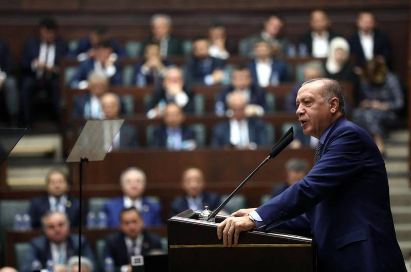 Turkish President and leader of Turkey's ruling Justice and Development (AK) Party Recep Tayyip Erdogan speaks during his party's parliamentary group meeting at the Grand National Assembly of Turkey in Ankara, on October 30, 2018.    / AFP / ADEM ALTAN
