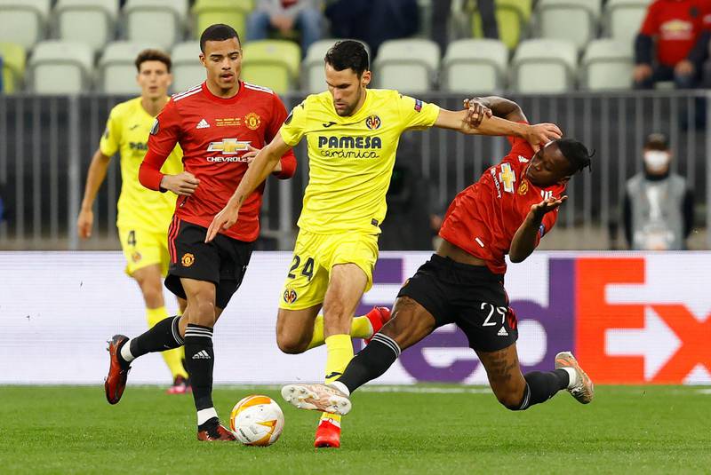 Villarreal's Alfonso Pedraza evades a challenge from Manchester United's Aaron Wan-Bissaka during the Europa League final. Reuters