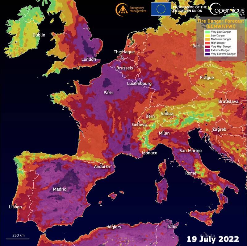 he European Forest Fire Information System Fire Weather Index forecast for western Europe. EPA