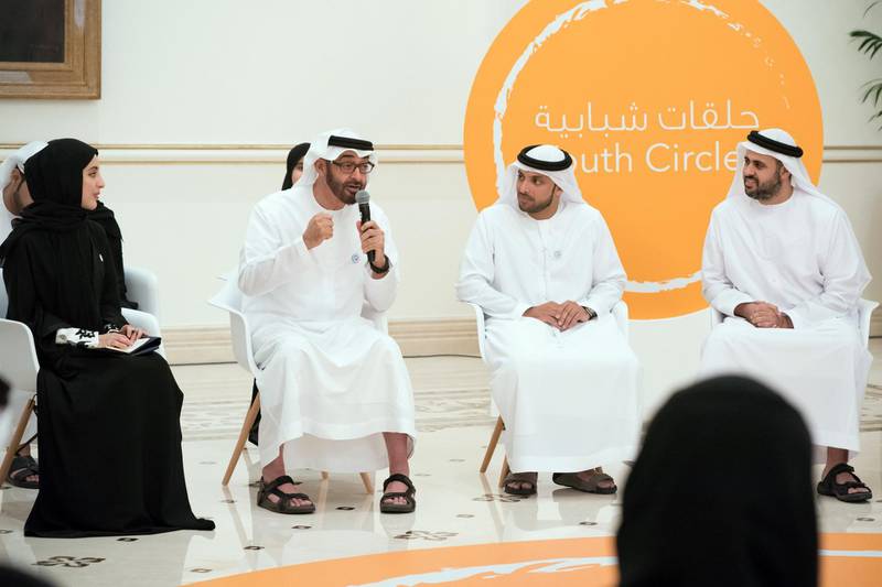 ABU DHABI, UNITED ARAB EMIRATES - August 06, 2018: HH Sheikh Mohamed bin Zayed Al Nahyan Crown Prince of Abu Dhabi Deputy Supreme Commander of the UAE Armed Forces (3rd R), addresses a 'Youth Circle' hosted by the Federal Youth Authority, in celebration of the International Youth Day, at the Sea Palace. Seen with HE Shamma Suhail Al Mazrouei, UAE Minister of State for Youth Affairs (L), HH Sheikh Theyab bin Mohamed bin Zayed Al Nahyan, Chairman of the Department of Transport, and Abu Dhabi Executive Council Member (R) and Ahmed Taleb Al Shamsi, Head of the Abu Dhabi Youth Council (2nd R). 

( Hamad Al Kaabi / Crown Prince Court - Abu Dhabi )
---