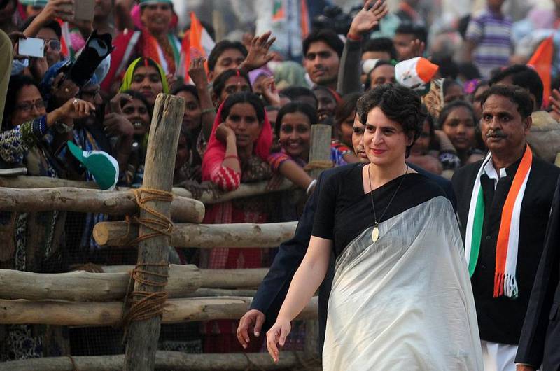Priyanka Gandhi arrives at a Congress party rally in Rae Bareli district on February 17, 2017, during campaigning for Uttar Pradesh state elections. Sanjay Kanojia / AFP
