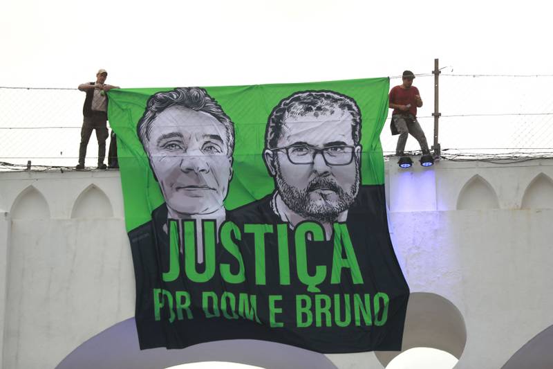 Demonstrators in Rio de Janeiro demand justice for the murder of Brazilian indigenous affairs expert Bruno Pereira and British reporter Dom Phillips. AFP