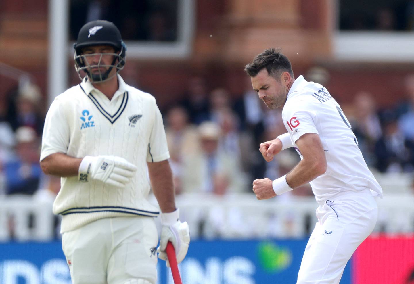 England's James Anderson celebrates after taking the wicket of New Zealand's Tim Southee. Action Images