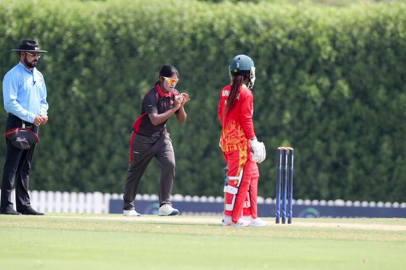 UAE's Kavisha Kumari bowls against Zimbabwe during their women's T20 match at the ICC Academy at Dubai Sports City. All images Khushnum Bhandari / The National