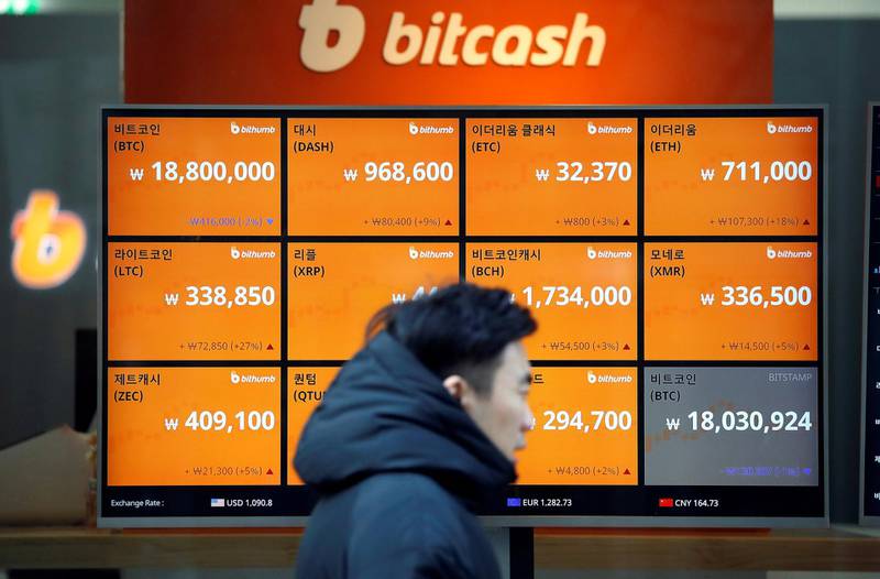 A man walks past an electric board showing exchange rates of various cryptocurrencies including Bitcoin (top L) at a cryptocurrencies exchange in Seoul, South Korea December 13, 2017.  REUTERS/Kim Hong-Ji