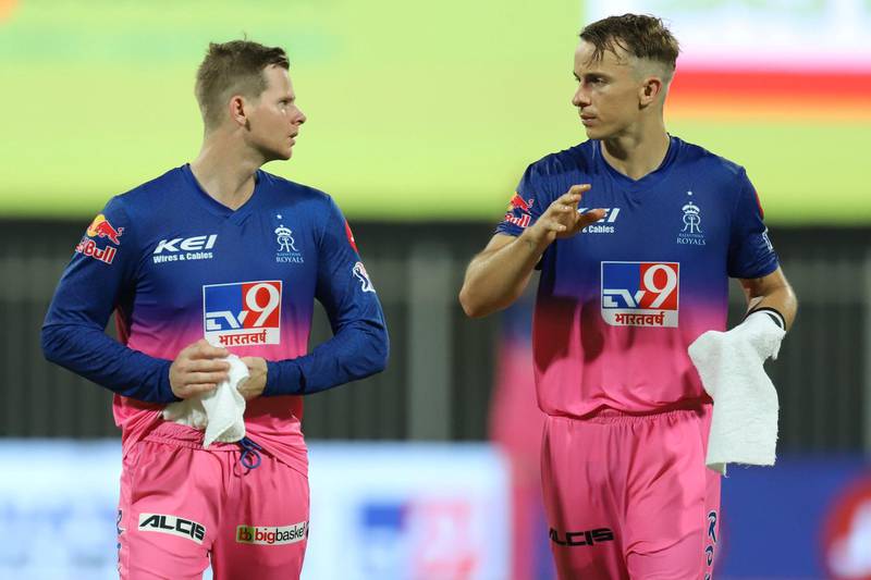 Tom Curran of Rajasthan Royals and Steve Smith captain of Rajasthan Royals during match 4 of season 13 of the Dream 11 Indian Premier League (IPL) between Rajasthan Royals and Chennai Super Kings held at the Sharjah Cricket Stadium, Sharjah in the United Arab Emirates on the 22nd September 2020.
Photo by: Deepak Malik  / Sportzpics for BCCI