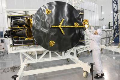 Engineer Mikhail Venin works on an antenna for the Express AM8 new generation geostationary telecommunications heavy satellite at the large-sized transformed mechanical systems centre of the Reshetnev Information Satellite Systems. Ilya Naymushin / Reuters