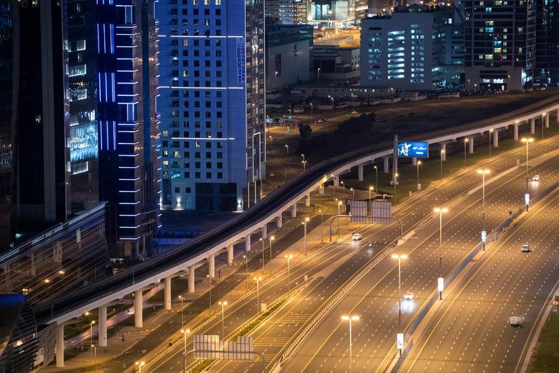 The main stretch of Sheikh Zayed Road near Downtown Dubai. Hundreds of thousands of vehicles would usually be on the roads on a Thursday night. EPA