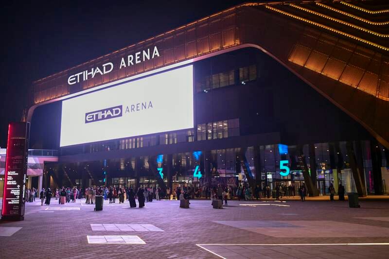 The entrance to Etihad Arena on Yas Island in Abu Dhabi. Khushnum Bhandari / The National