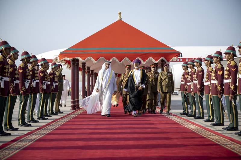 President Sheikh Mohamed arrived in Oman on Tuesday to begin a two-day state visit. He was welcomed on his arrival at Al Alam Palace in Muscat by Sultan Haitham. Photo: Wam