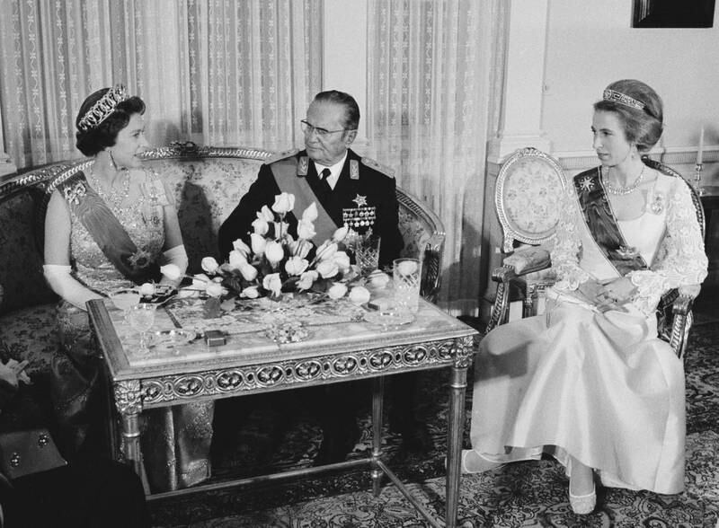 Queen Elizabeth and Princess Anne attend a meeting with Yugoslav political leader Josip Broz Tito during a State Banquet at Beli Dvor in 1972.