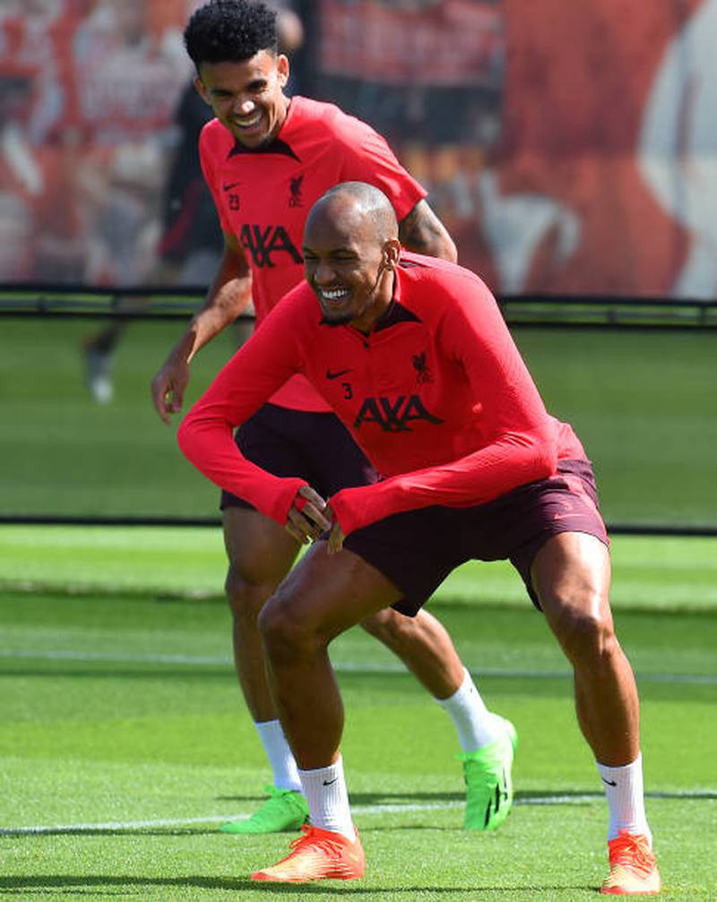 Fabinho and Luis Diaz train for Liverpool's match against Manchester United. Getty